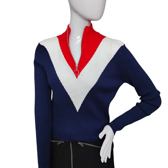 Trillium Ribbed Colorblock Top Size Large Blue, White and Red Zip Up Long Sleeve - Picture 2 of 7